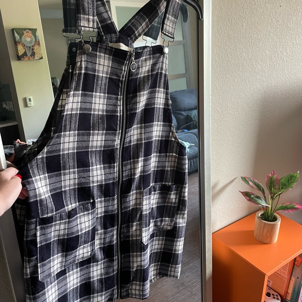 Francescas/tgla black and white plaid overall mini dress